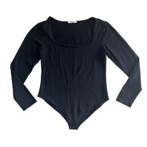 MangoPop Black Long Sleeve Bodysuit Square Neck Stretch Size L